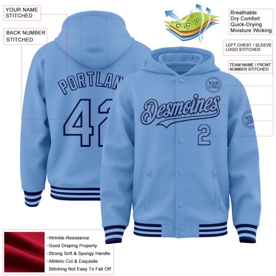 Custom Light Blue Navy Bomber Full-Snap Varsity Letterman Hoodie Jacket Custom Light Blue Navy Bomber Full-Snap Varsity Letterman Hoodie Jacket