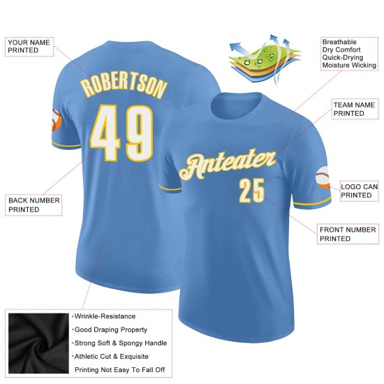 Custom Light Blue White-Gold Performance T-Shirt Custom Light Blue White-Gold Performance T-Shirt