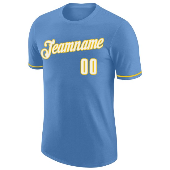 Custom Light Blue White-Gold Performance T-Shirt Custom Light Blue White-Gold Performance T-Shirt