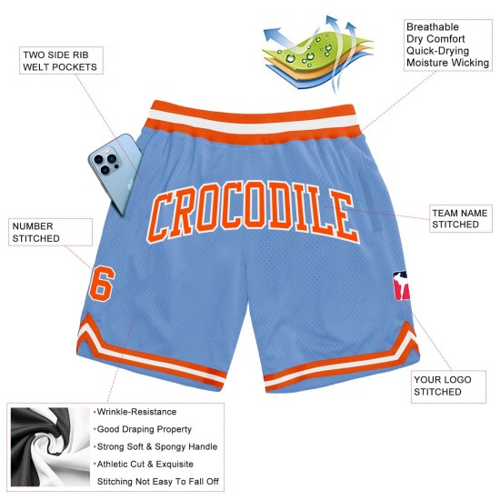 Custom Light Blue Orange-White Authentic Throwback Shorts Custom Light Blue Orange-White Authentic Throwback Shorts