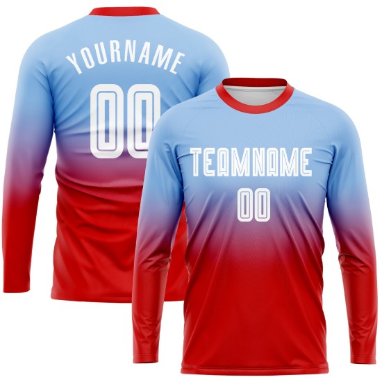 Custom Light Blue White-Red Sublimation Long Sleeve Fade Fashion Uniform Jersey Custom Light Blue White-Red Sublimation Long Sleeve Fade Fashion Uniform Jersey