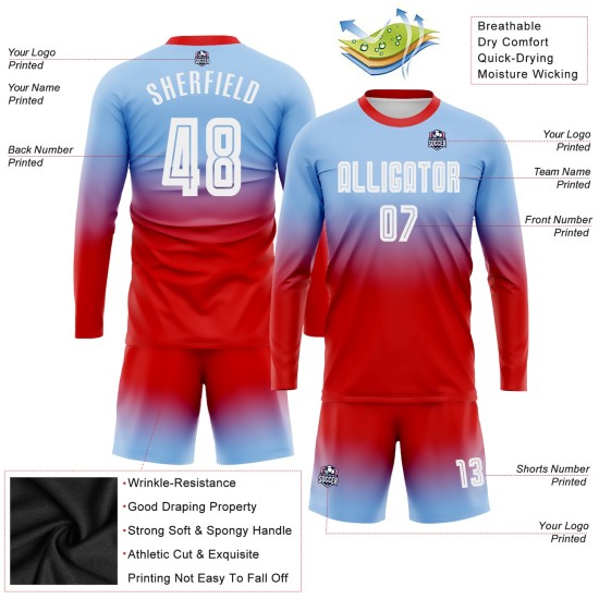 Custom Light Blue White-Red Sublimation Long Sleeve Fade Fashion Uniform Jersey Custom Light Blue White-Red Sublimation Long Sleeve Fade Fashion Uniform Jersey