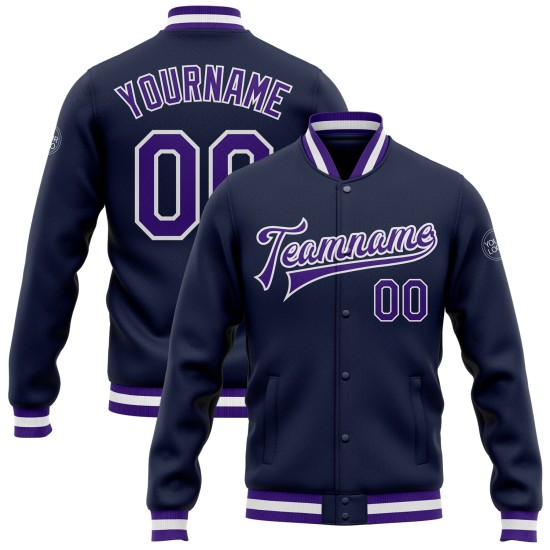 Custom Navy Purple-White Bomber Full-Snap Varsity Letterman Jacket Custom Navy Purple-White Bomber Full-Snap Varsity Letterman Jacket