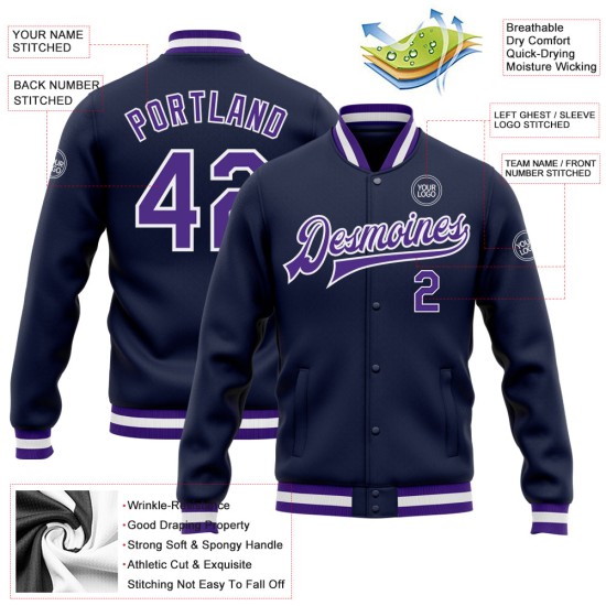 Custom Navy Purple-White Bomber Full-Snap Varsity Letterman Jacket Custom Navy Purple-White Bomber Full-Snap Varsity Letterman Jacket
