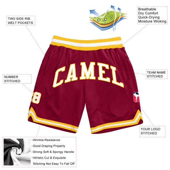 Custom Maroon White-Gold Authentic Throwback Shorts Custom Maroon White-Gold Authentic Throwback Shorts