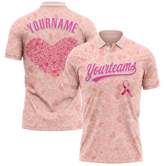 Custom Medium Pink Pink-White 3D Pink Ribbon Breast Cancer Awareness Month Women Health Care Support Performance Polo Shirt Custom Medium Pink Pink-White 3D Pink Ribbon Breast Cancer Awareness Month Women Health Care Support Performance Polo Shirt