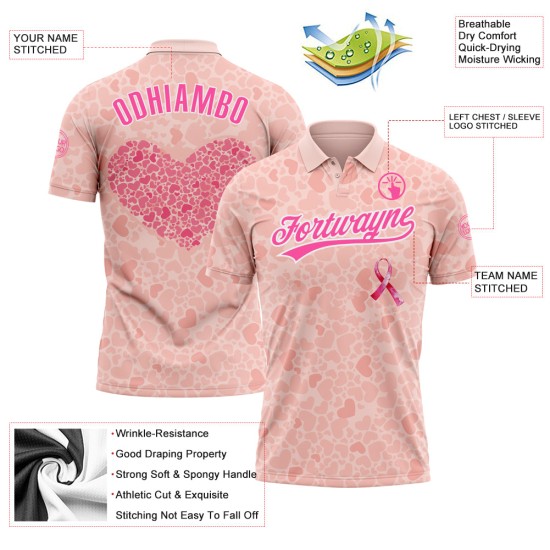 Custom Medium Pink Pink-White 3D Pink Ribbon Breast Cancer Awareness Month Women Health Care Support Performance Polo Shirt Custom Medium Pink Pink-White 3D Pink Ribbon Breast Cancer Awareness Month Women Health Care Support Performance Polo Shirt