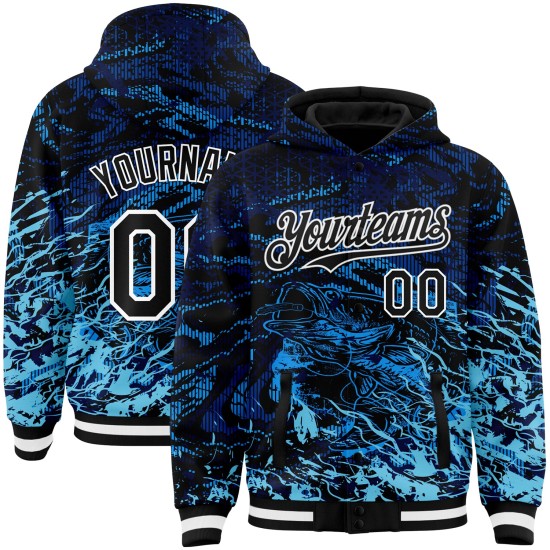 Custom Navy Black-Light Blue Tuna Fish Fishing 3D Bomber Full-Snap Varsity Letterman Hoodie Jacket Custom Navy Black-Light Blue Tuna Fish Fishing 3D Bomber Full-Snap Varsity Letterman Hoodie Jacket