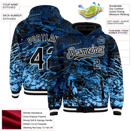 Custom Navy Black-Light Blue Tuna Fish Fishing 3D Bomber Full-Snap Varsity Letterman Hoodie Jacket Custom Navy Black-Light Blue Tuna Fish Fishing 3D Bomber Full-Snap Varsity Letterman Hoodie Jacket
