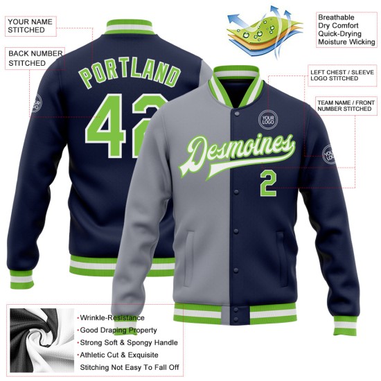 Custom Navy Neon Green-Gray Bomber Full-Snap Varsity Letterman Split Fashion Jacket Custom Navy Neon Green-Gray Bomber Full-Snap Varsity Letterman Split Fashion Jacket