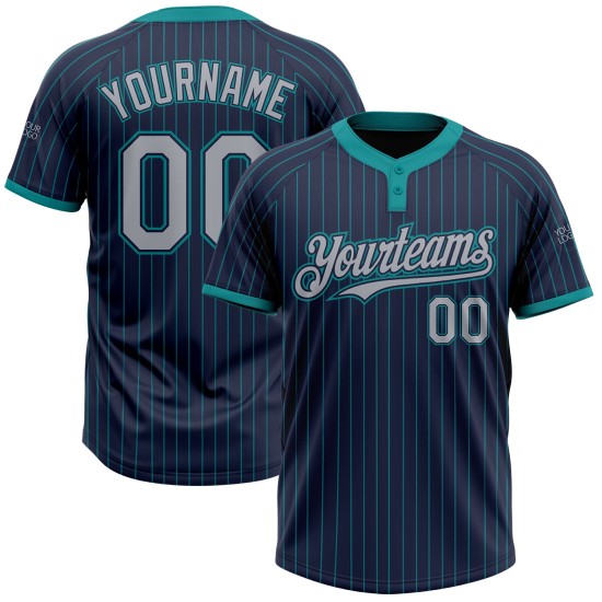 Custom Navy Teal Pinstripe Gray Two-Button Unisex Jersey Custom Navy Teal Pinstripe Gray Two-Button Unisex Jersey