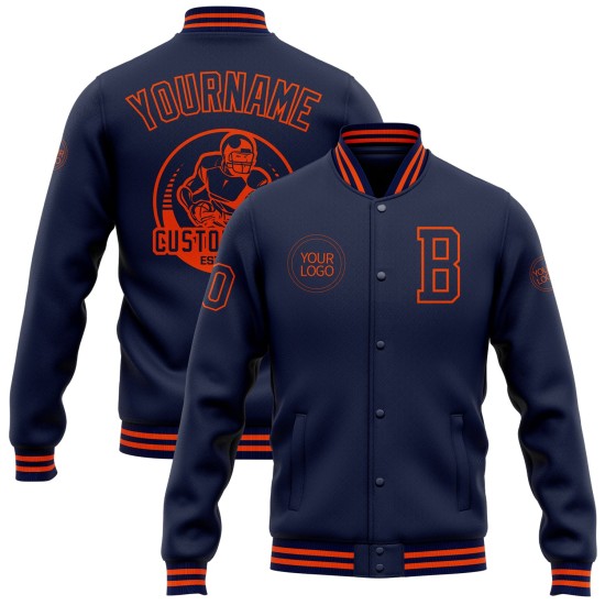 Custom Navy Orange Bomber Full-Snap Varsity Letterman Jacket Custom Navy Orange Bomber Full-Snap Varsity Letterman Jacket