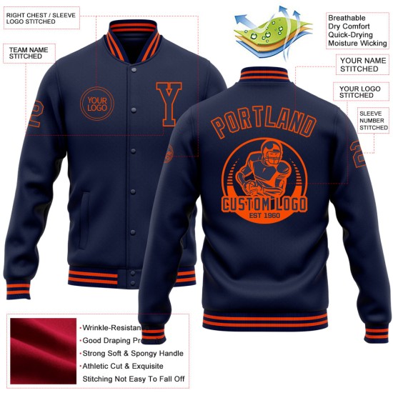 Custom Navy Orange Bomber Full-Snap Varsity Letterman Jacket Custom Navy Orange Bomber Full-Snap Varsity Letterman Jacket