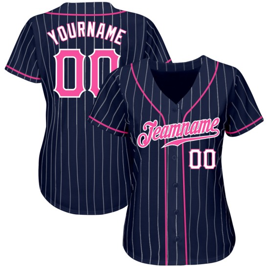 Custom Navy White Pinstripe Pink-White Authentic rugby Jersey Custom Navy White Pinstripe Pink-White Authentic rugby Jersey
