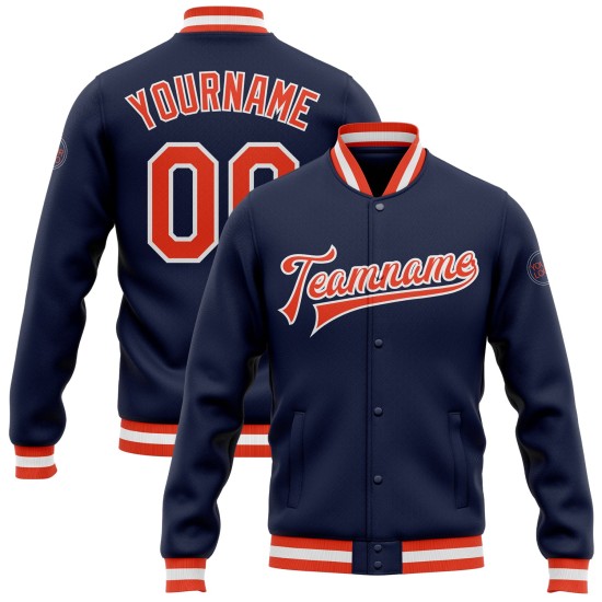 Custom Navy Orange-White Bomber Full-Snap Varsity Letterman Jacket Custom Navy Orange-White Bomber Full-Snap Varsity Letterman Jacket