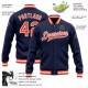 Custom Navy Orange-White Bomber Full-Snap Varsity Letterman Jacket Custom Navy Orange-White Bomber Full-Snap Varsity Letterman Jacket