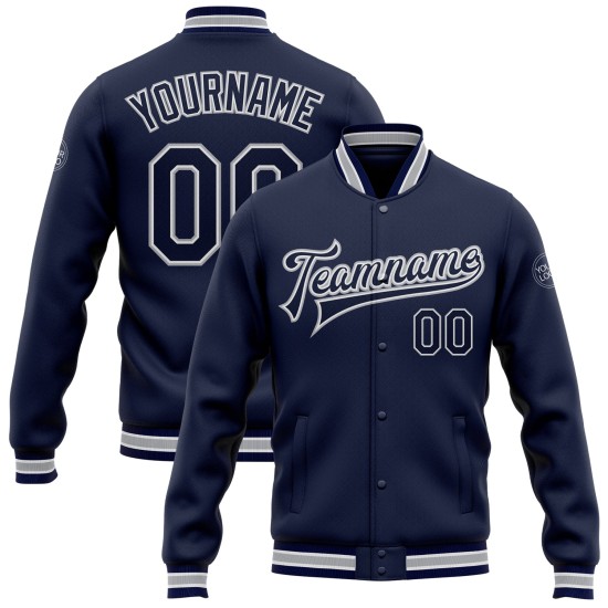 Custom Navy White-Gray Bomber Full-Snap Varsity Letterman Jacket Custom Navy White-Gray Bomber Full-Snap Varsity Letterman Jacket