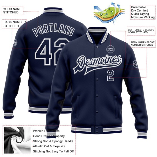 Custom Navy White-Gray Bomber Full-Snap Varsity Letterman Jacket Custom Navy White-Gray Bomber Full-Snap Varsity Letterman Jacket