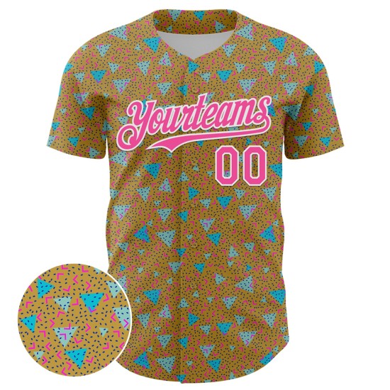 Custom Old Gold Pink-White 3D Pattern Design Geometric Shape Authentic rugby Jersey Custom Old Gold Pink-White 3D Pattern Design Geometric Shape Authentic rugby Jersey