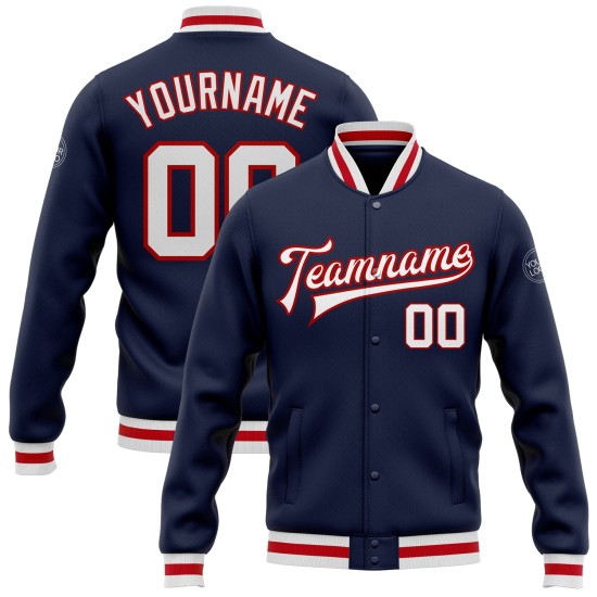 Custom Navy White-Red Bomber Full-Snap Varsity Letterman Jacket Custom Navy White-Red Bomber Full-Snap Varsity Letterman Jacket