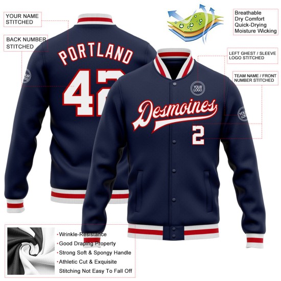 Custom Navy White-Red Bomber Full-Snap Varsity Letterman Jacket Custom Navy White-Red Bomber Full-Snap Varsity Letterman Jacket