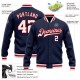 Custom Navy White-Red Bomber Full-Snap Varsity Letterman Jacket Custom Navy White-Red Bomber Full-Snap Varsity Letterman Jacket