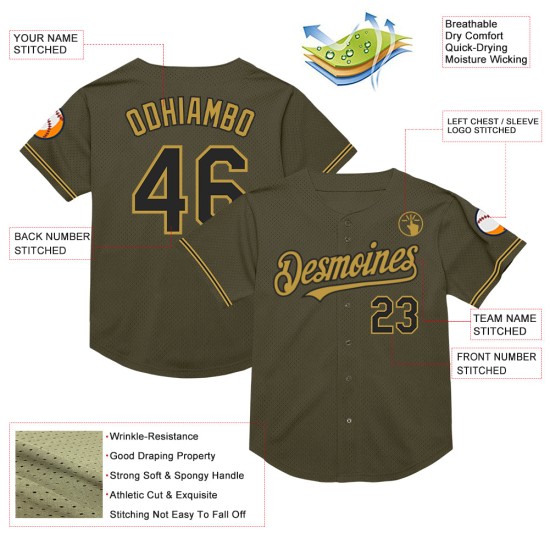 Custom Olive Black-Old Gold Mesh Authentic Throwback Salute To Service rugby Jersey Custom Olive Black-Old Gold Mesh Authentic Throwback Salute To Service rugby Jersey