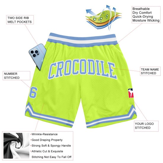 Custom Neon Green Light Blue-White Authentic Throwback Shorts Custom Neon Green Light Blue-White Authentic Throwback Shorts