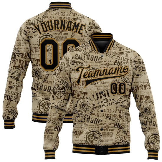 Custom Olive Black-Old Gold Military Badge 3D Pattern Design Bomber Full-Snap Varsity Letterman Salute To Service Jacket Custom Olive Black-Old Gold Military Badge 3D Pattern Design Bomber Full-Snap Varsity Letterman Salute To Service Jacket
