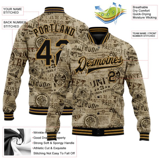 Custom Olive Black-Old Gold Military Badge 3D Pattern Design Bomber Full-Snap Varsity Letterman Salute To Service Jacket Custom Olive Black-Old Gold Military Badge 3D Pattern Design Bomber Full-Snap Varsity Letterman Salute To Service Jacket
