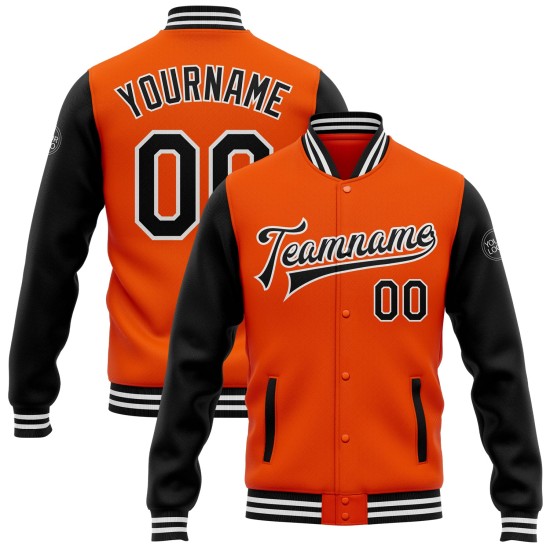 Custom Orange Black-White Bomber Full-Snap Varsity Letterman Two Tone Jacket Custom Orange Black-White Bomber Full-Snap Varsity Letterman Two Tone Jacket