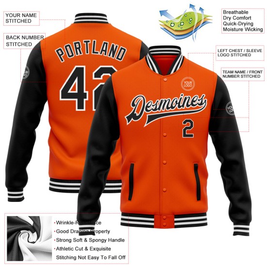 Custom Orange Black-White Bomber Full-Snap Varsity Letterman Two Tone Jacket Custom Orange Black-White Bomber Full-Snap Varsity Letterman Two Tone Jacket