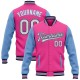 Custom Pink White Black-Light Blue Bomber Full-Snap Varsity Letterman Two Tone Jacket Custom Pink White Black-Light Blue Bomber Full-Snap Varsity Letterman Two Tone Jacket