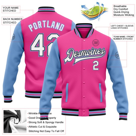 Custom Pink White Black-Light Blue Bomber Full-Snap Varsity Letterman Two Tone Jacket Custom Pink White Black-Light Blue Bomber Full-Snap Varsity Letterman Two Tone Jacket