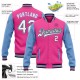 Custom Pink White Black-Light Blue Bomber Full-Snap Varsity Letterman Two Tone Jacket Custom Pink White Black-Light Blue Bomber Full-Snap Varsity Letterman Two Tone Jacket