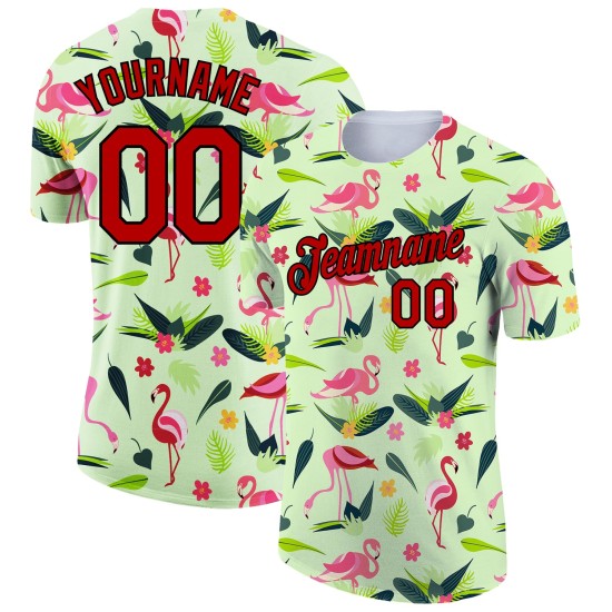 Custom Pea Green Red-Black 3D Pattern Design Tropical Hawaii Flamingo Performance T-Shirt Custom Pea Green Red-Black 3D Pattern Design Tropical Hawaii Flamingo Performance T-Shirt