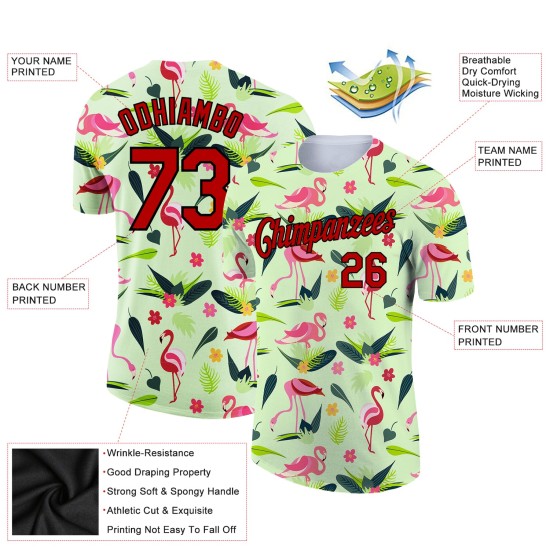 Custom Pea Green Red-Black 3D Pattern Design Tropical Hawaii Flamingo Performance T-Shirt Custom Pea Green Red-Black 3D Pattern Design Tropical Hawaii Flamingo Performance T-Shirt