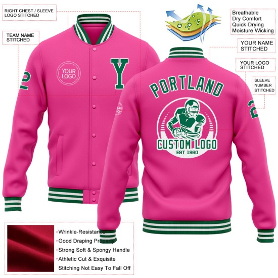 Custom Pink Kelly Green-White Bomber Full-Snap Varsity Letterman Jacket Custom Pink Kelly Green-White Bomber Full-Snap Varsity Letterman Jacket