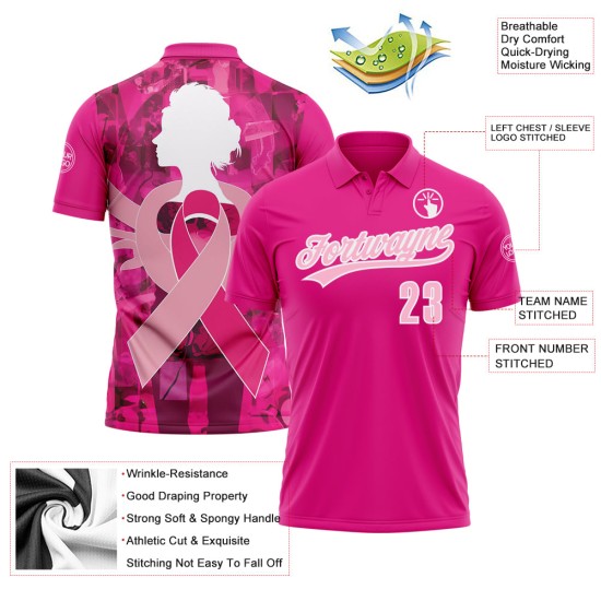 Custom Pink Light Pink-White 3D Pink Ribbon Breast Cancer Awareness Month Women Health Care Support Performance Polo Shirt Custom Pink Light Pink-White 3D Pink Ribbon Breast Cancer Awareness Month Women Health Care Support Performance Polo Shirt