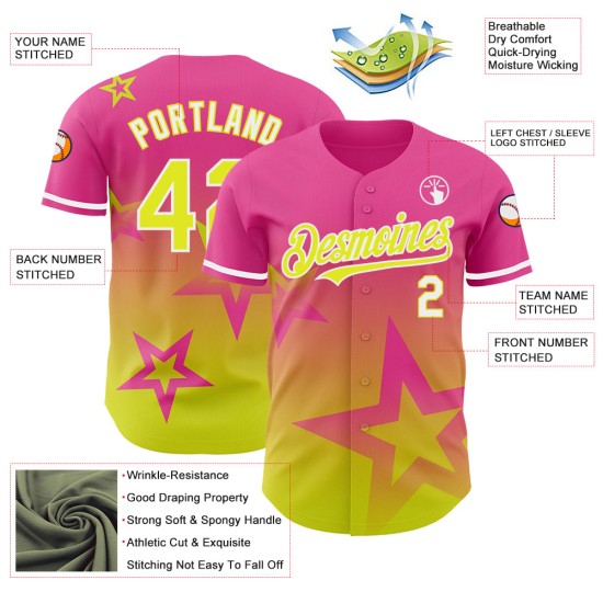 Custom Pink Neon Yellow-White 3D Pattern Design Gradient Style Twinkle Star Authentic rugby Jersey Custom Pink Neon Yellow-White 3D Pattern Design Gradient Style Twinkle Star Authentic rugby Jersey