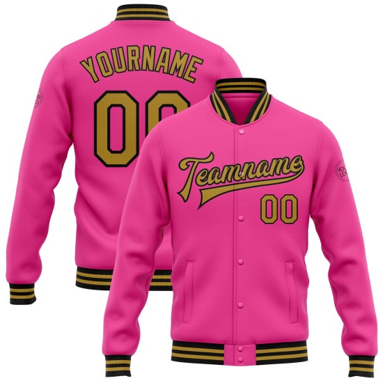 Custom Pink Old Gold-Black Bomber Full-Snap Varsity Letterman Jacket Custom Pink Old Gold-Black Bomber Full-Snap Varsity Letterman Jacket