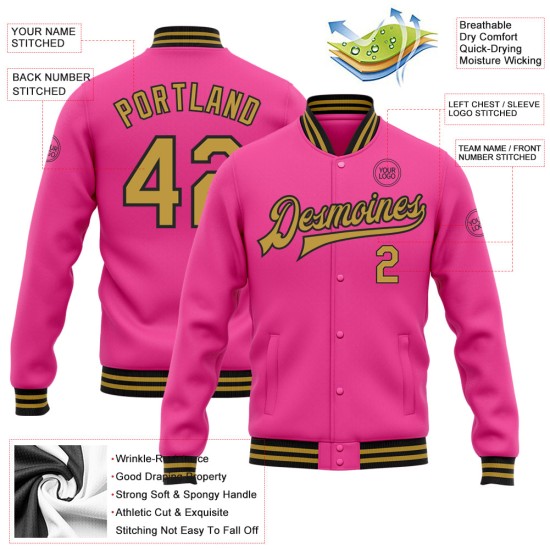 Custom Pink Old Gold-Black Bomber Full-Snap Varsity Letterman Jacket Custom Pink Old Gold-Black Bomber Full-Snap Varsity Letterman Jacket