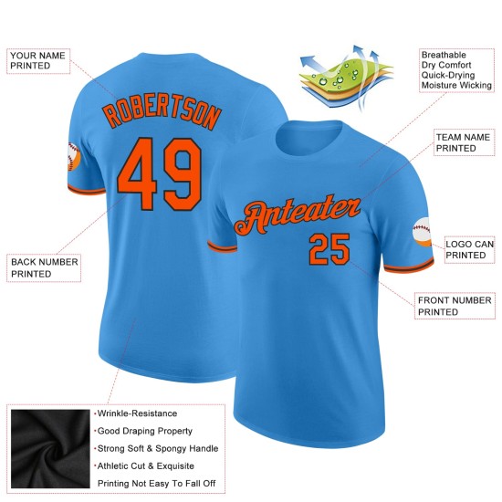 Custom Powder Blue Orange-Black Performance T-Shirt Custom Powder Blue Orange-Black Performance T-Shirt