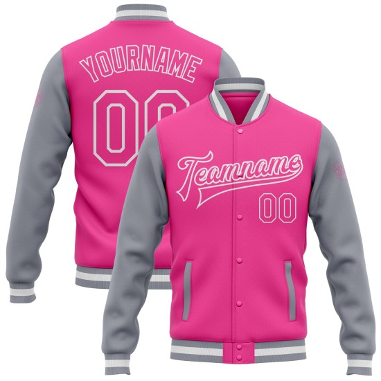 Custom Pink Pink Gray-White Bomber Full-Snap Varsity Letterman Two Tone Jacket Custom Pink Pink Gray-White Bomber Full-Snap Varsity Letterman Two Tone Jacket