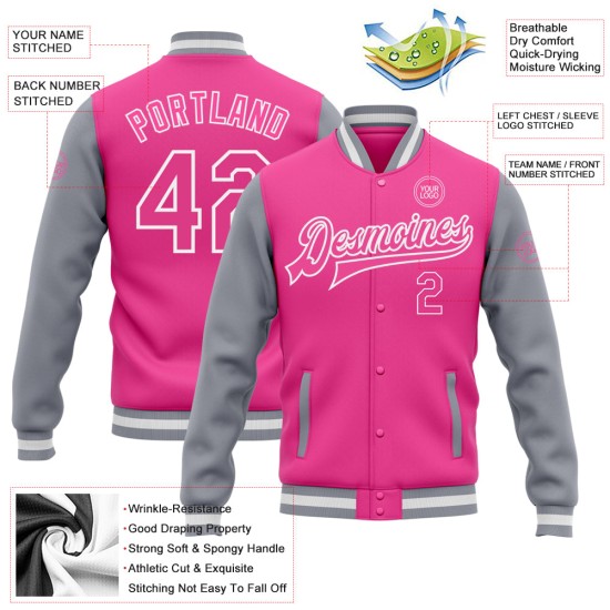 Custom Pink Pink Gray-White Bomber Full-Snap Varsity Letterman Two Tone Jacket Custom Pink Pink Gray-White Bomber Full-Snap Varsity Letterman Two Tone Jacket