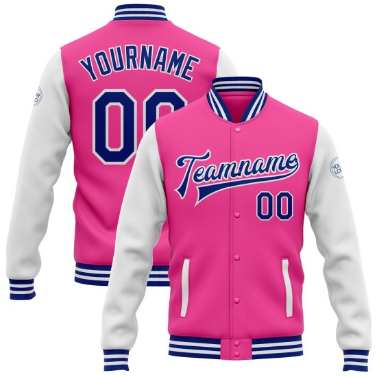 Custom Pink Royal-White Bomber Full-Snap Varsity Letterman Two Tone Jacket Custom Pink Royal-White Bomber Full-Snap Varsity Letterman Two Tone Jacket