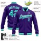 Custom Purple Aqua-White Bomber Full-Snap Varsity Letterman Jacket Custom Purple Aqua-White Bomber Full-Snap Varsity Letterman Jacket