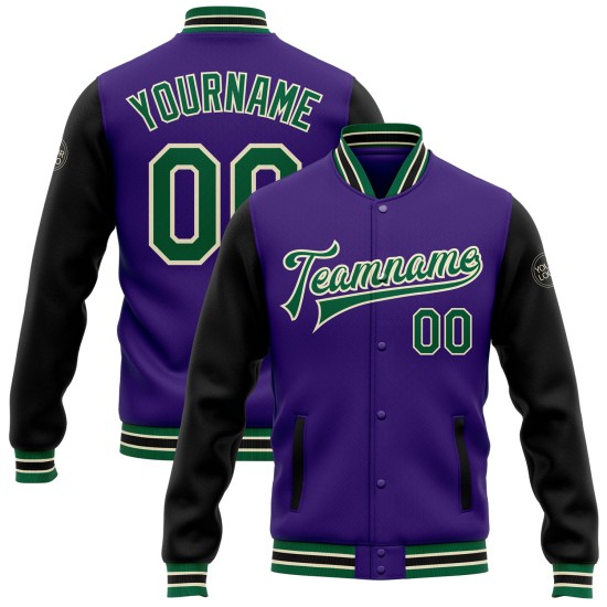 Custom Purple Kelly Green Black-Cream Bomber Full-Snap Varsity Letterman Two Tone Jacket Custom Purple Kelly Green Black-Cream Bomber Full-Snap Varsity Letterman Two Tone Jacket