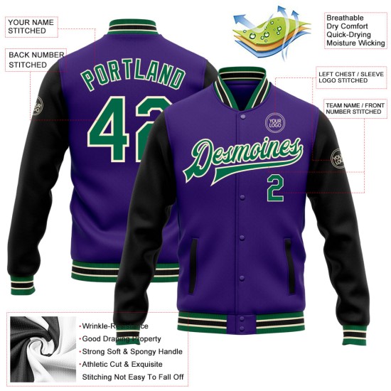 Custom Purple Kelly Green Black-Cream Bomber Full-Snap Varsity Letterman Two Tone Jacket Custom Purple Kelly Green Black-Cream Bomber Full-Snap Varsity Letterman Two Tone Jacket