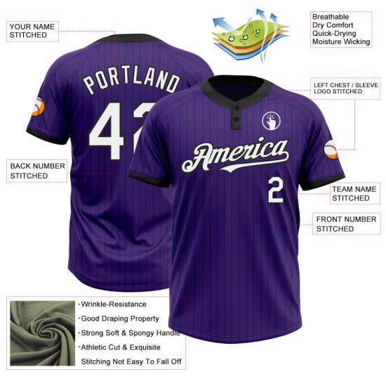 Custom Purple Black Pinstripe White Two-Button Unisex Jersey Custom Purple Black Pinstripe White Two-Button Unisex Jersey